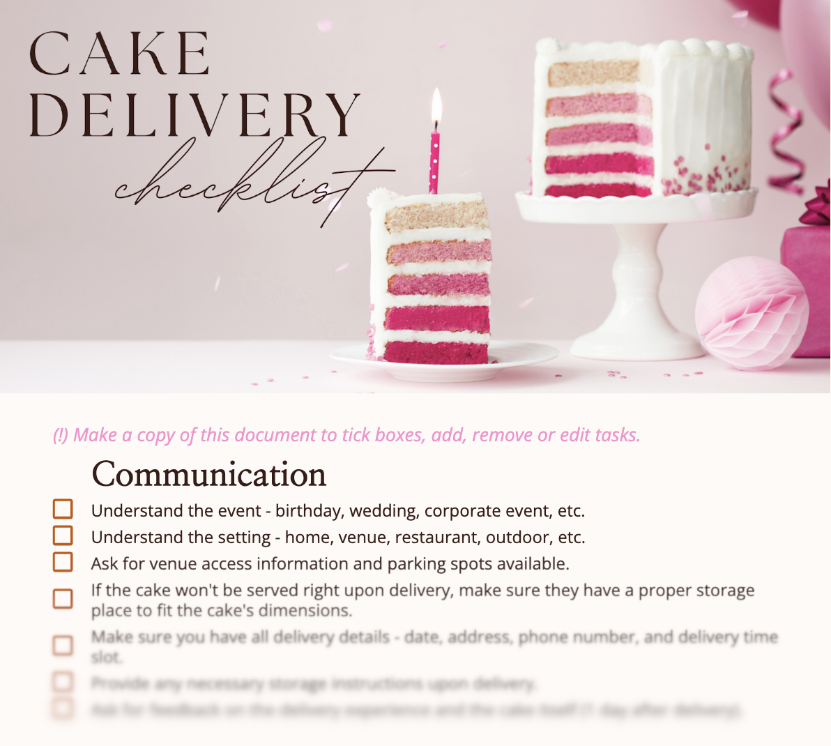 cake delivery checklist